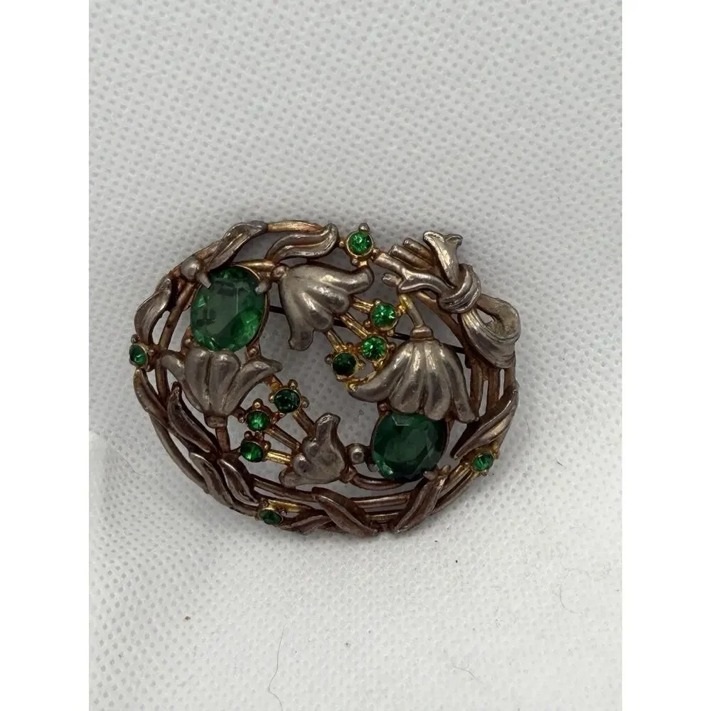 Gorgeous Silver Tone Antique Brooch, Art Nouveau Flowers W/ Green Gemstones